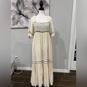 Like New Free People Cream Maxi Dress with Black Embroidery